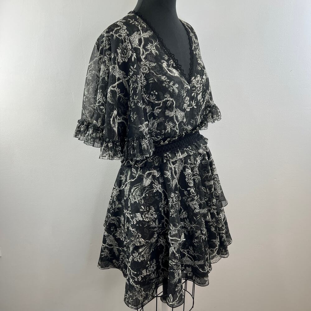 Sachin & Babi Black White Print V-Neck Short Sleeve Tiered Skirt Dress Size 10 - Picture 4 of 9